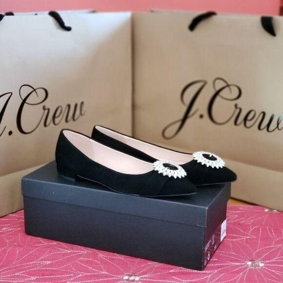 J. Crew Suede Jeweled Embellished Buckle Flats Black Size 6 Pointy Toe - Picture 2 of 6